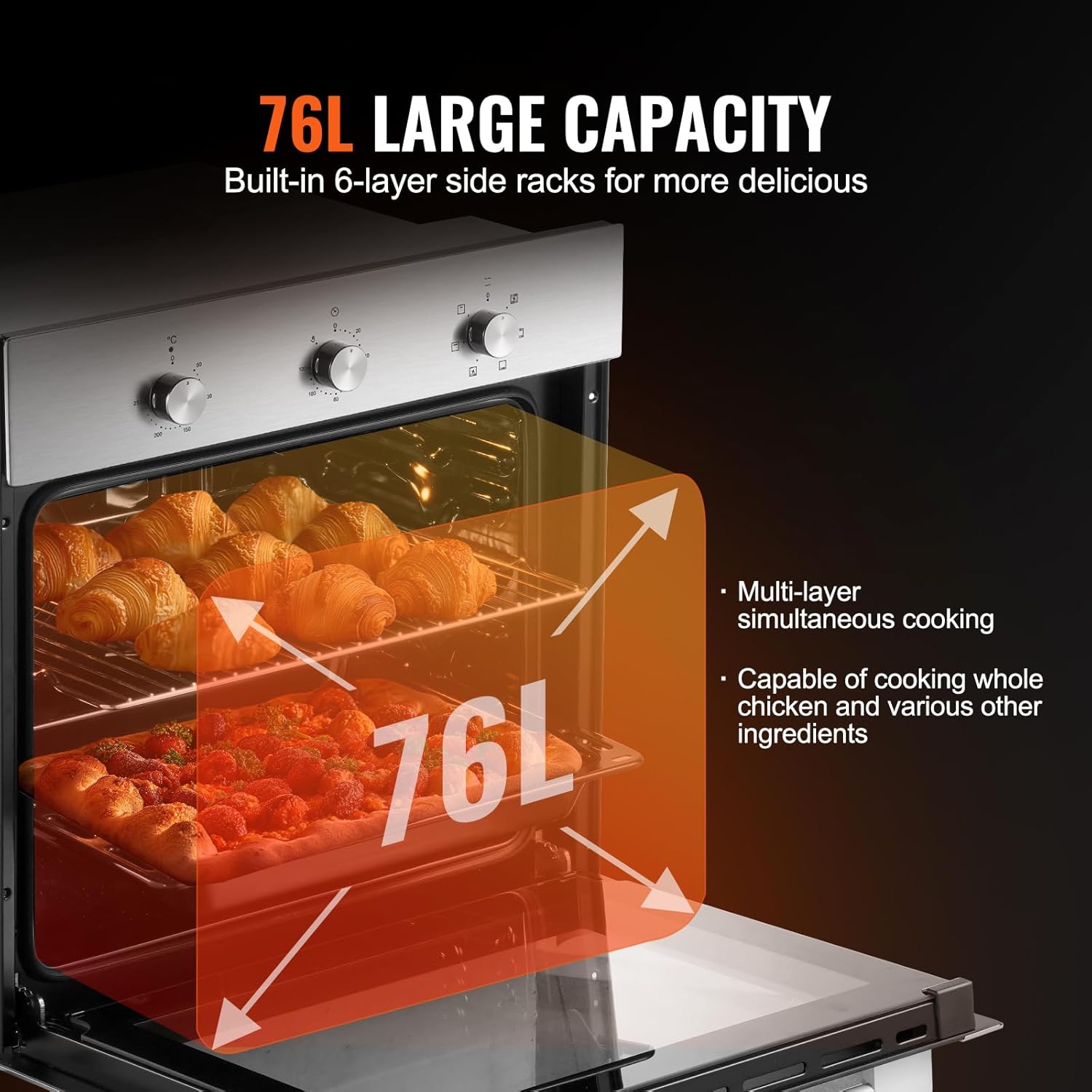 VEVOR Single Wall Oven, 2.68 Cu.Ft Electric Wall Ovens with Timer, 24