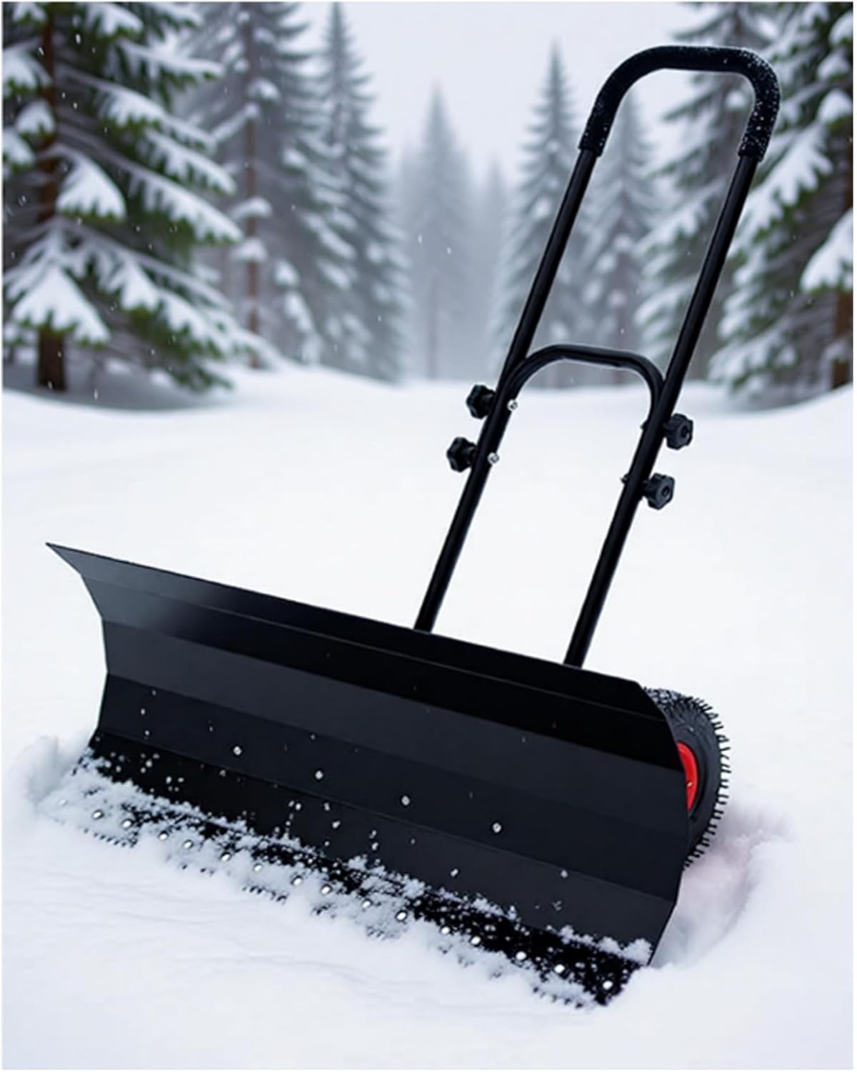 Manual Snow Pusher with Wheels, Metal Adjustable Snow Shovel for No-Lift Removal on Driveway & Sidewalk(Large)