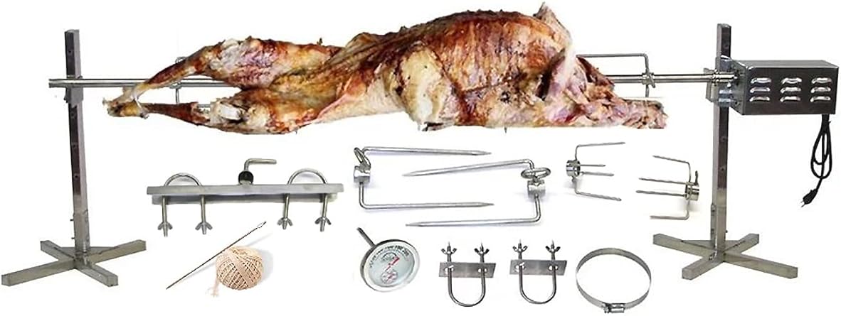 SpitJack CXB85 Pig, Whole Hog, Lamb BBQ Spit Roaster Rotisserie Kit. Electric 40W Motor, 60 Inch Spit Rod, All Stainless Trussing Hardware, Accessories. Portable Charcoal Barbecue or Outdoor Wood Fire