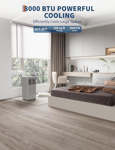 8,000 BTUs Portable Air Conditioner, Portable AC Unit 4 Modes with Cool, Fan, Dehumidifier, Sleep Mode, Cools up to 350 Sq. Ft, Full Set Installation Kit, for Bedrooms Offices Use, Black&Grey Cover