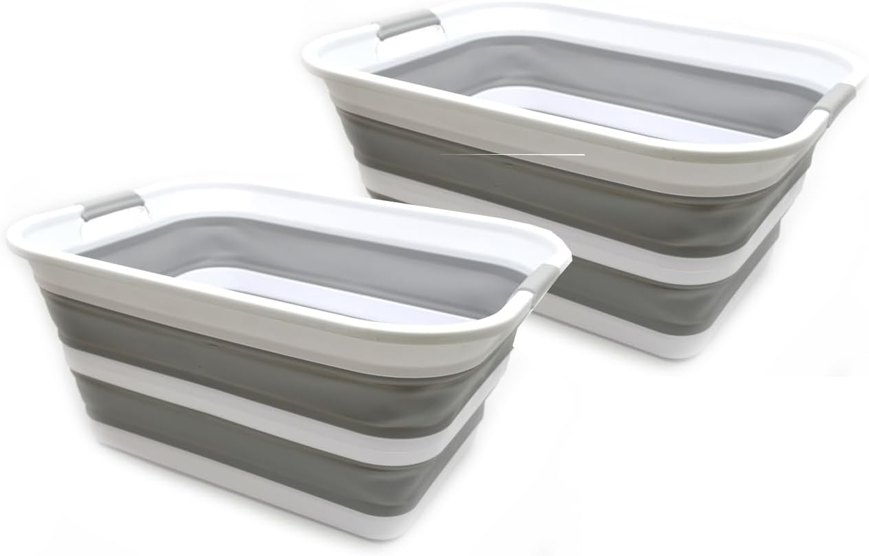 SAMMART 42L Set of 2 Collapsible Plastic Laundry Basket - Foldable Pop Up Storage Container/Organizer - Portable Washing Tub - Space Saving Hamper/Basket (Grey, 2)