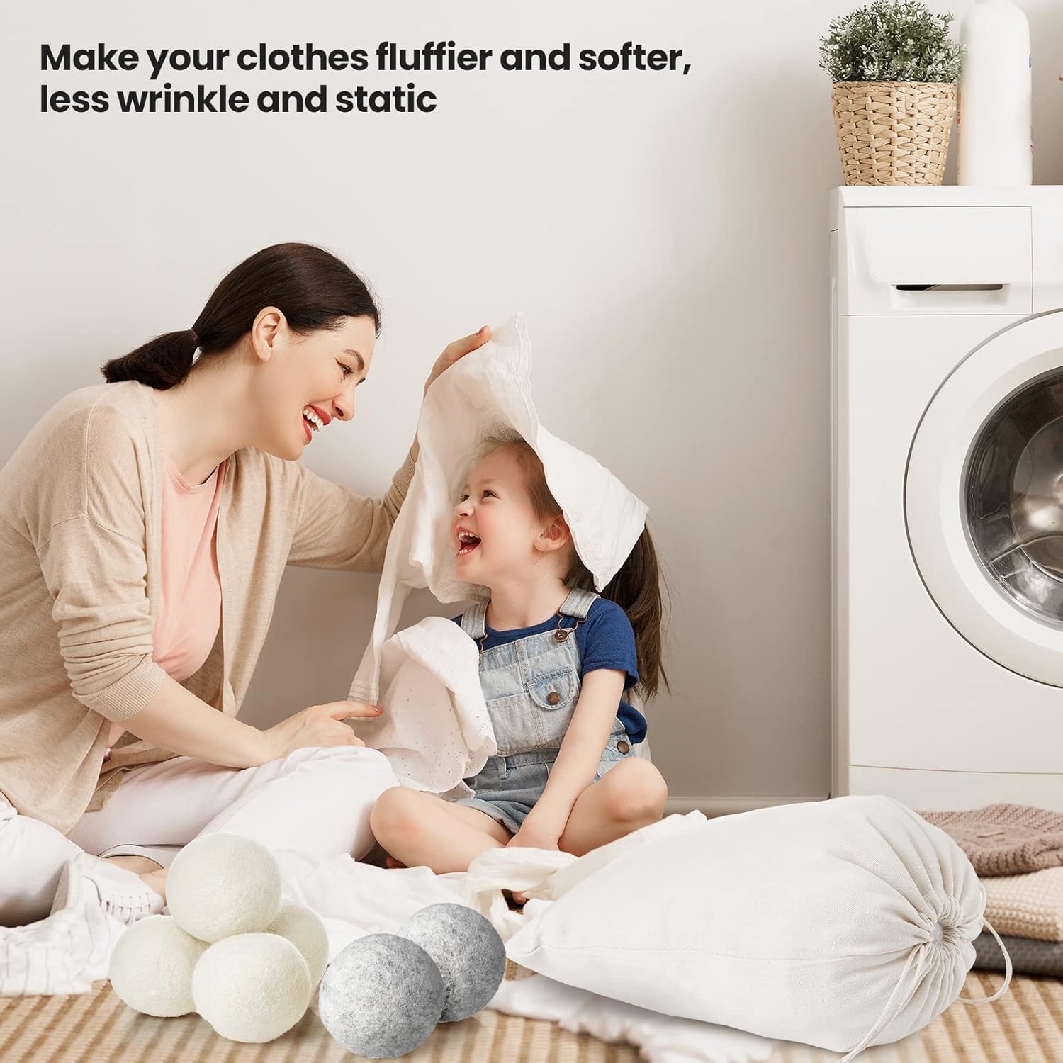 42 Pieces Wool Dryer Balls Set 40 Reusable Wool Balls with 2 Muslin Bags Laundry Balls Fabric Softener Ball Anti Wrinkle Anti Static Saving Energy and Time