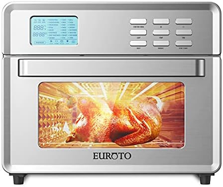 EUROTO Stainless Steel Large Capacity 26.8 QT Air Fryer Oven, 24 in 1 Multi-function, 360 Air Circulation Toaster Oven, LCD digital Display, 4 Layer Shelves, Included Oven Gloves & Apron Up to 450°F