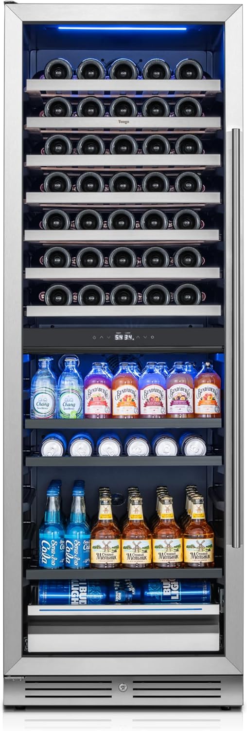 Yeego Wine Fridge – 24 Inch Wine and Beverage Cooler 34°F-65°F, 304 Stainless Steel Glass Door Lock, Temp Memory Blue & White LED Built-in Fridge Left-hand Opening with Drawer (182 Can+77 Bottle)
