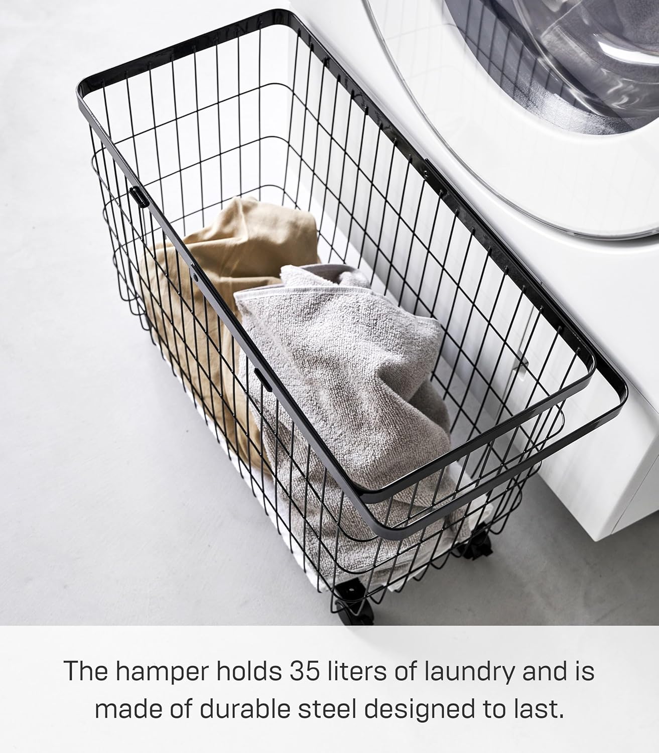 Yamazaki Home Tower Small Rolling Laundry Basket Metal Hamper Cart With Wheels And Handle, 14.8