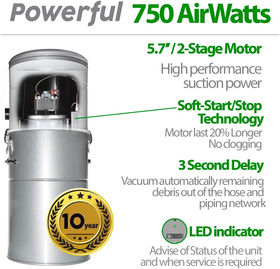 OVO Heavy Duty Powerful Central Vacuum System, Hybrid Filtration (with or Without Disposable Bags) 35L or 9.25Gal, 700 Airwatts with 40ft Carpet Deluxe Accessory Kit Included