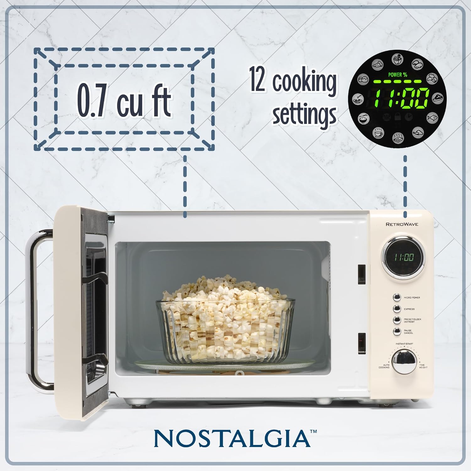Nostalgia Retro Compact Countertop Microwave Oven - 0.7 Cu. Ft. - 700-Watts with LED Digital Display - Child Lock - Easy Clean Interior - Ivory