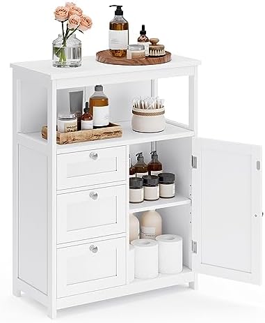 VASAGLE Floor Storage Cabinet, Freestanding Storage Unit with 3 Drawers, Adjustable Shelf, 11.8 x 23.6 x 31.5 Inches, for Living Room, Bathroom, Entryway, White UBBC542P31V1