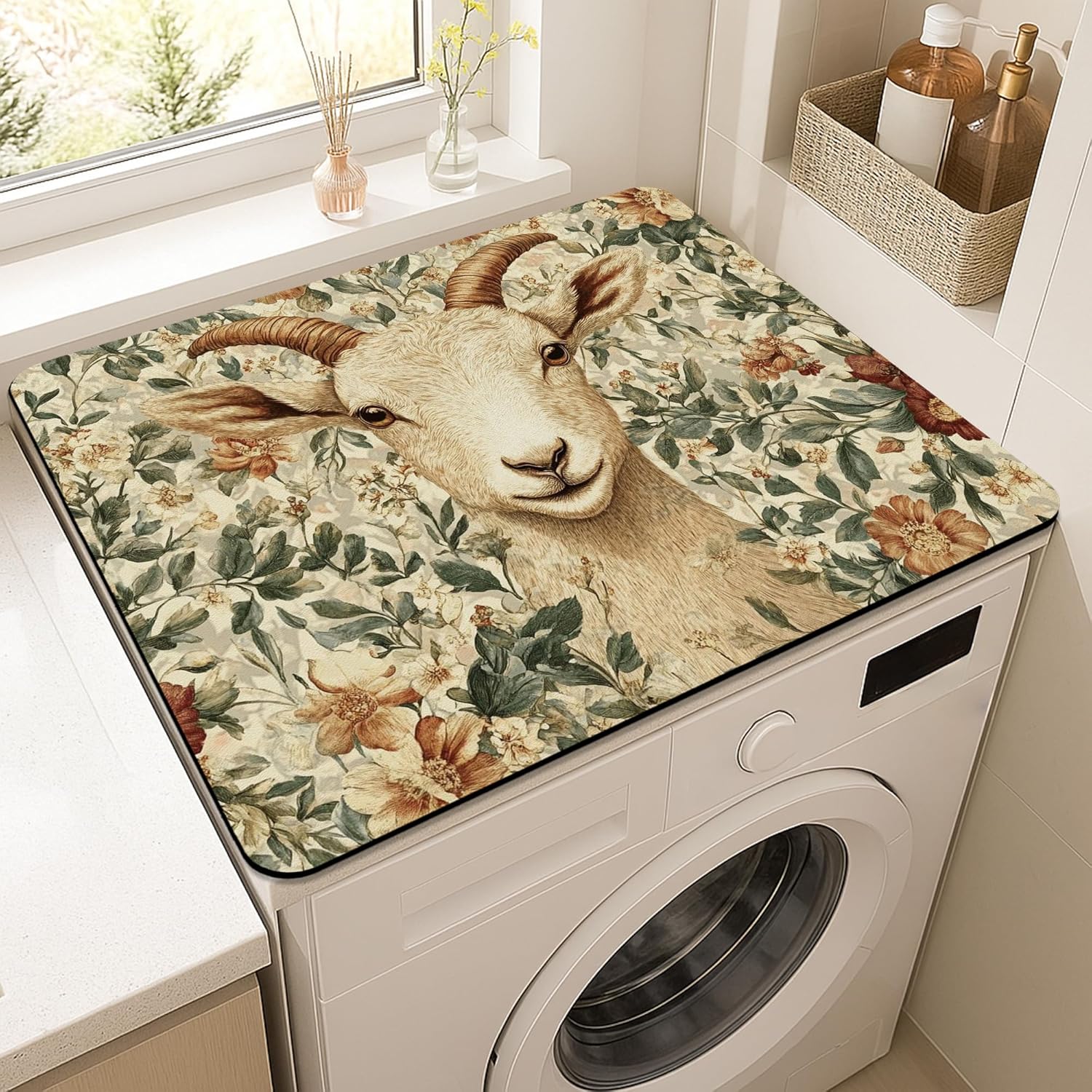Floral Washer Dryer Top Protector Mat, Vintage Botanical Laundry Machine Dust Covers, Elegant Rubber Anti-slip Waterproof Washer And Dryer Mats for Home 20x24 Inch