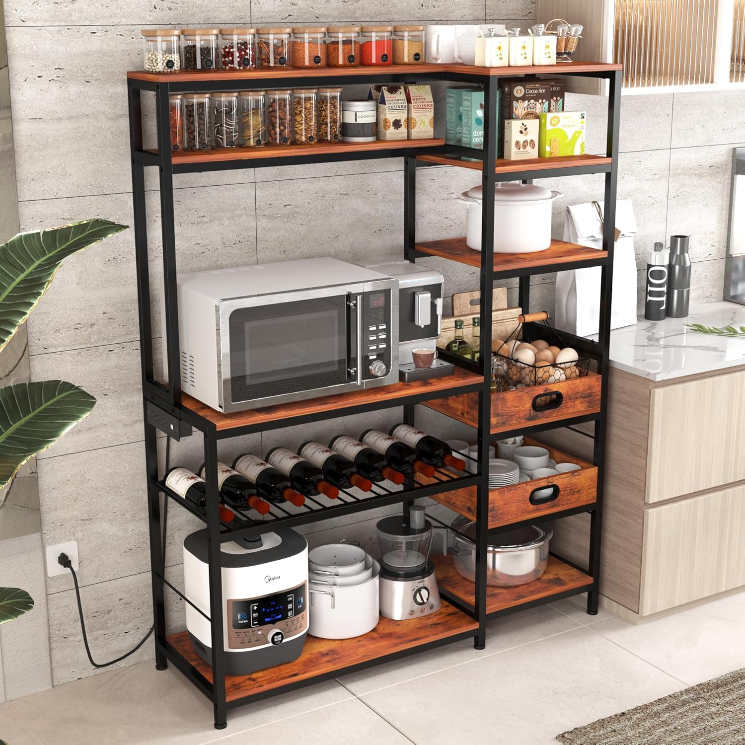 Bakers Rack with Power Outlet,Industrial Microwave Oven Stand with Wooden Serving Trays and Wine Rack,6-Tier Free Standing Kitchen Storage Shelf Bakers Rack,Kitchen Rack Organizer with Storage