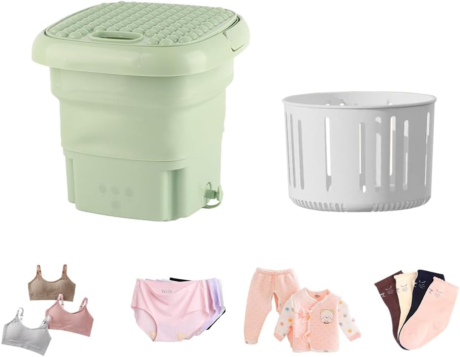 Portable Washing Machine, 11L Upgraded Capacity Foldable Washer with 3 Modes Mini Compact Washing Machines Deep Cleaning Underwear for RV Apartments Camping Dorm Hotels US Plug 110V-240V(Green)
