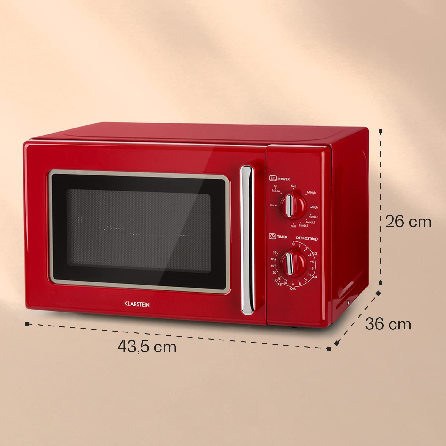 Klarstein Caroline - Freestanding Microwave Oven, 20L, 700/1000 W, Ø25.6 cm, 5 Power Levels, 3 Combined Functions, Stainless Steel Interior and Case, Retro Look, Red
