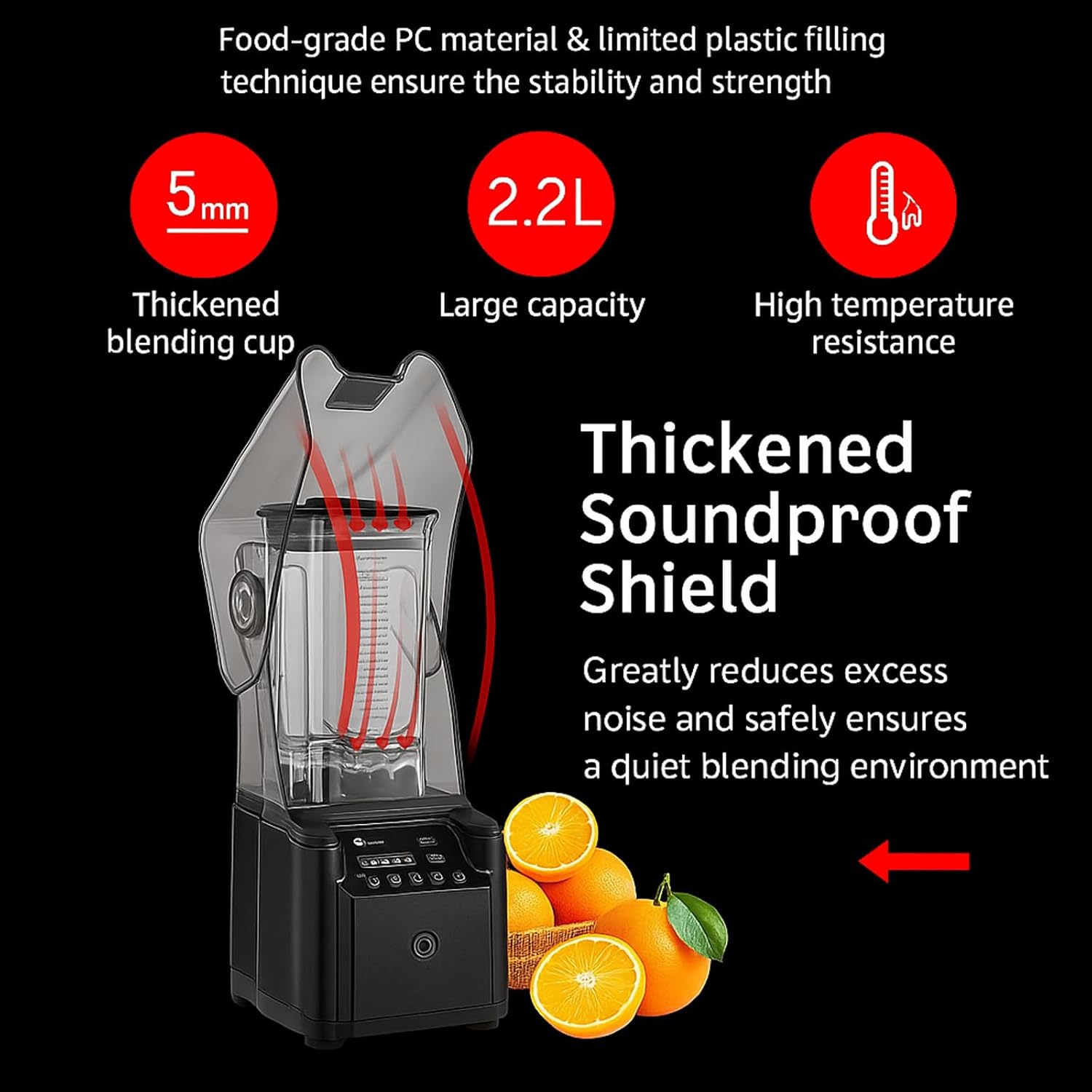 2200W Quiet Commercial Blender with Soundproof Shield – 2.2L Countertop Smoothie Maker with Smart Touch Screen – High Speed Food Blender for Ice, Juices, Shakes, Restaurants, Home Use,Black