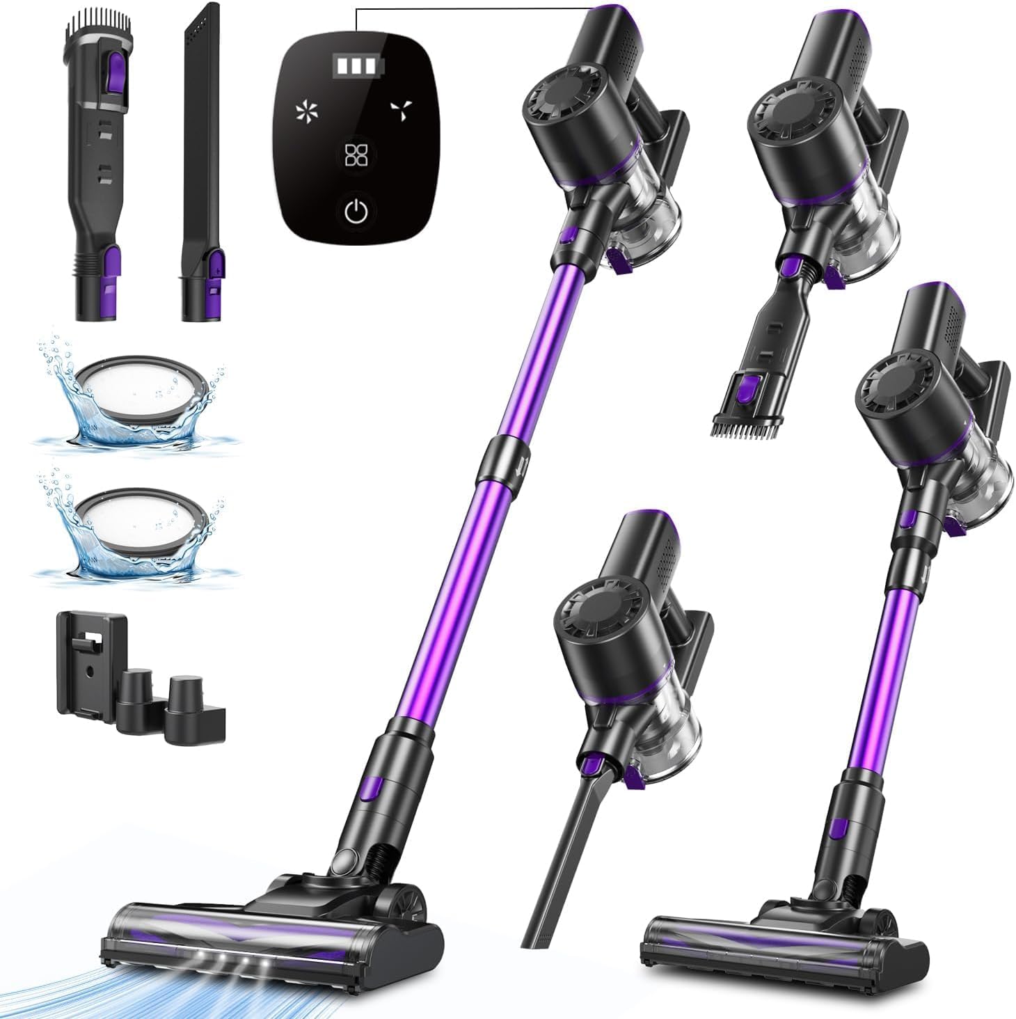 Vexilar Cordless Vacuum Cleaner, Self-Standing, Rechargeable Stick Vacuum Cleaners for Home, 35mins Runtime, LED Screen, 6-in-1 Lightweight Handheld Vacuum for Hard Floor, Carpet (Purple)