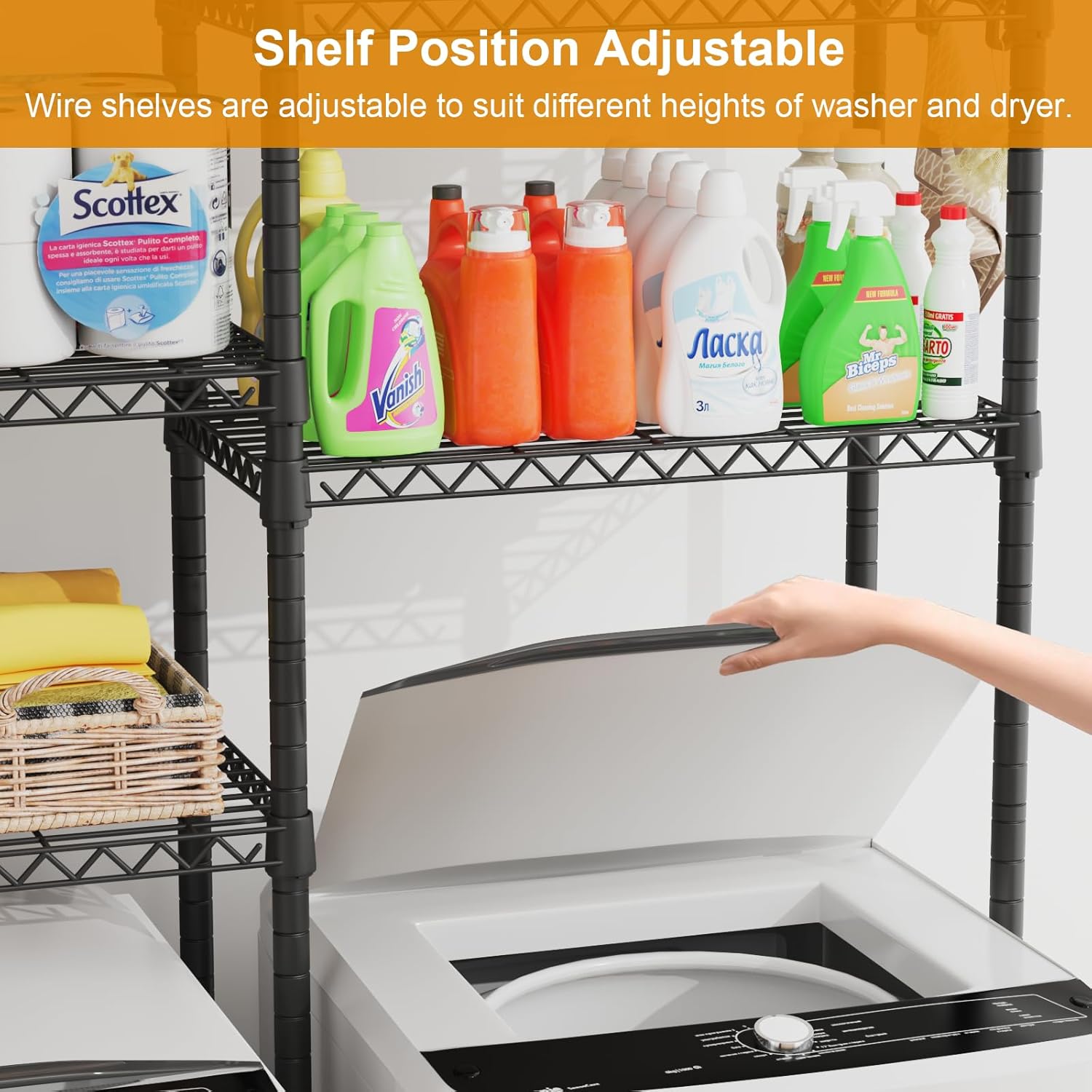 U15 Over Washer and Dryer Storage Shelves, Laundry Above Washer Dryer Storage Rack Space Saver, 6-Tier Wire Shelf with 4 Hooks for Organization, 63.4