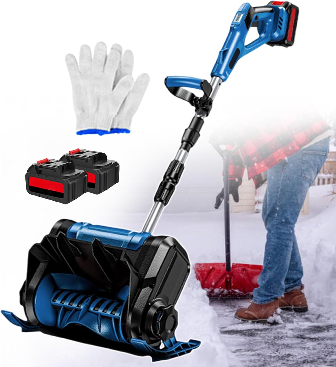 Home Electric Snow Shovel, Compact Handheld Snow Removal Equipment, Rechargeable Outdoor Snow Thrower,3-Way Chute Control,Cleaning Width Up to 30 cm,for Yard/Farm/Road Blue-2batteries