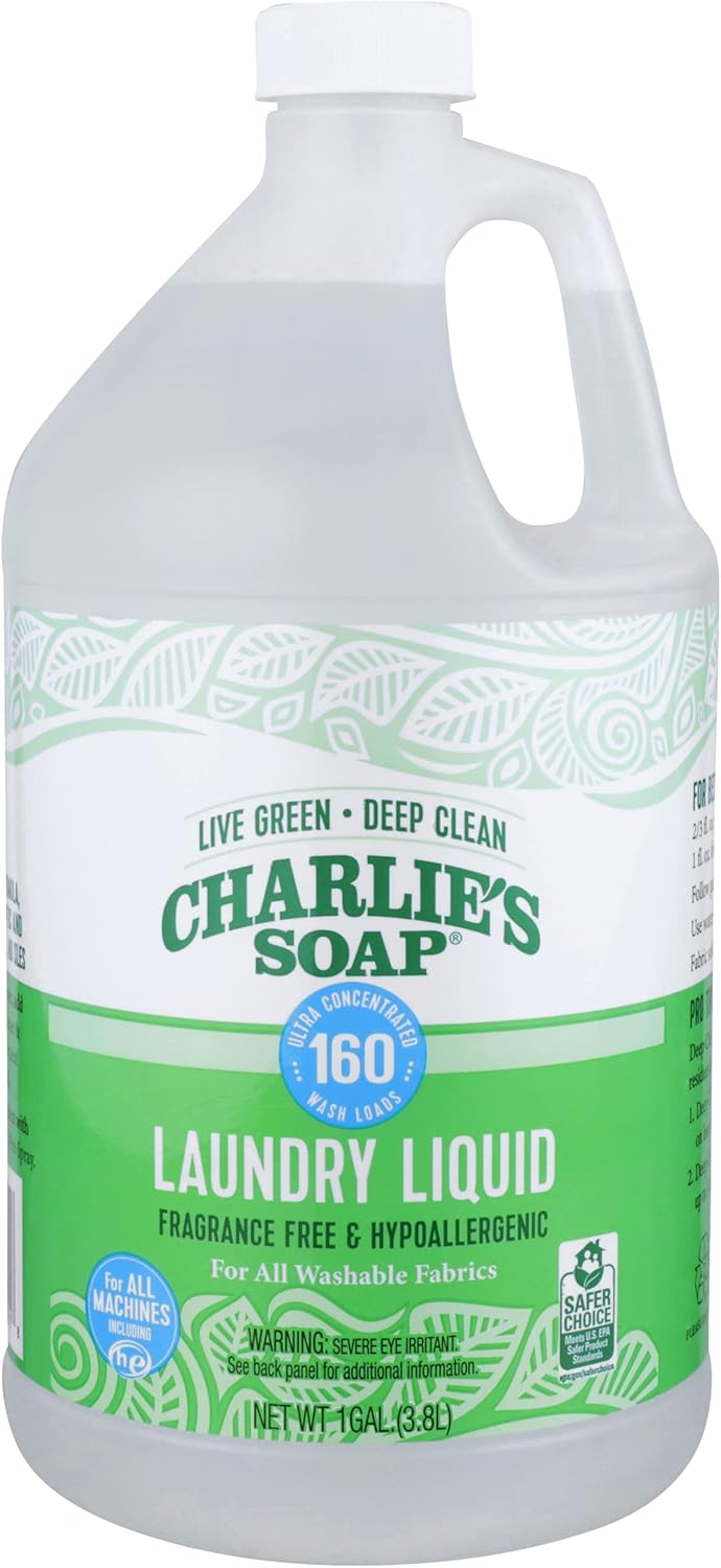 Charlie’s Soap Laundry Liquid with Pump (160 Loads, 1 Pack) Natural Deep Cleaning Hypoallergenic Laundry Detergent – Eco-Friendly, Safe and Effective