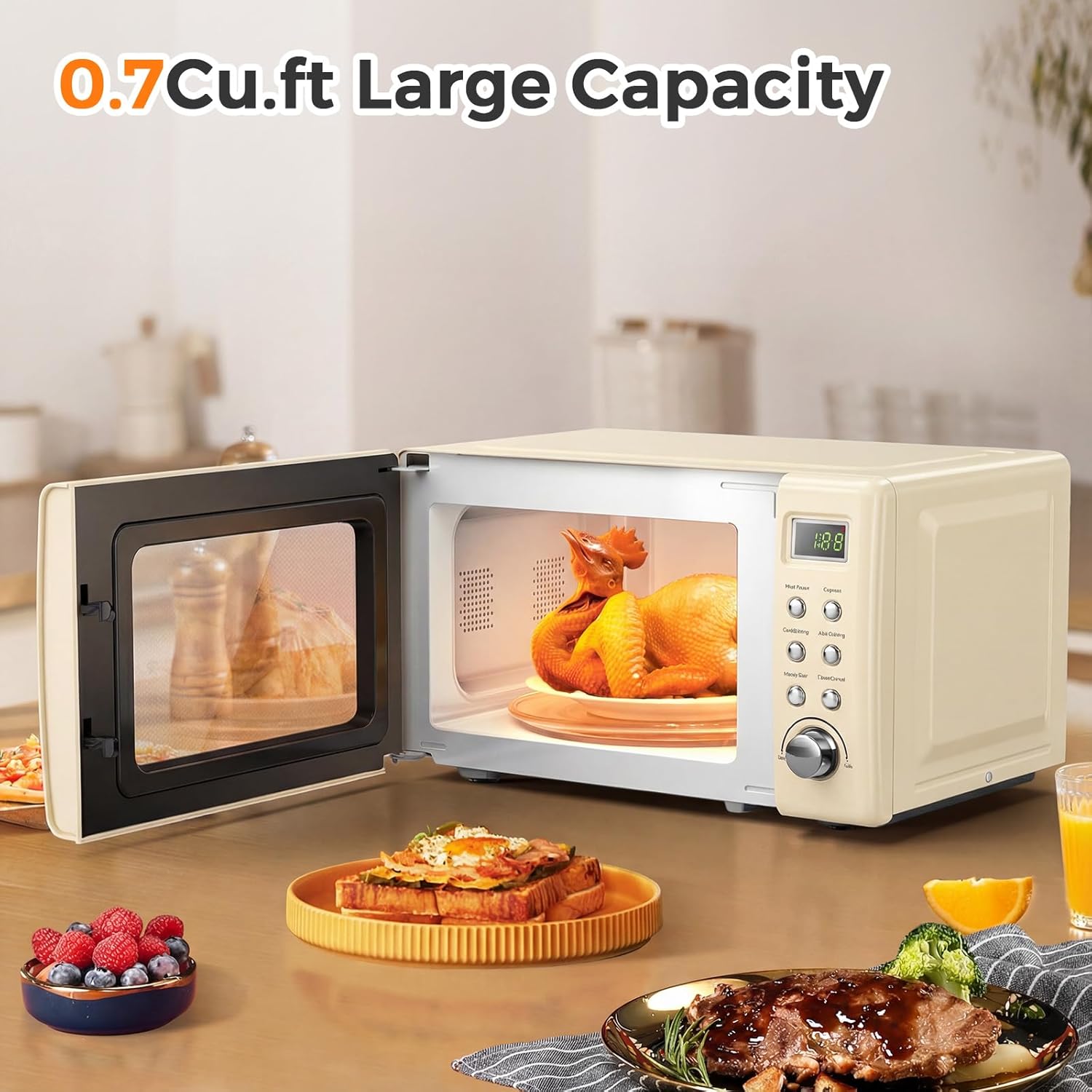 ARLIME Retro Microwave 0.7Cu.ft, 700 Watt Countertop Microwave with 5 Micro Power Defrost & Auto Cooking Function, LED Display, Child Lock, Small Microwave for Kitchen, RV, Dorm, Cream White