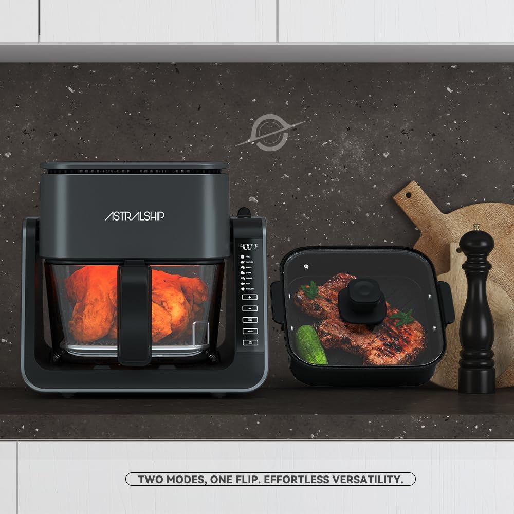 Astralship Glass Air Fryer, 2-in-1 Flip Airfryer & Grill Combo, Non-Toxic Teflon Free (No Plastic Smell), 360° Visible Cooking, 7 Presets, Compact for 1-2 People, 5.5QT Total Capacity, Dishwasher Safe