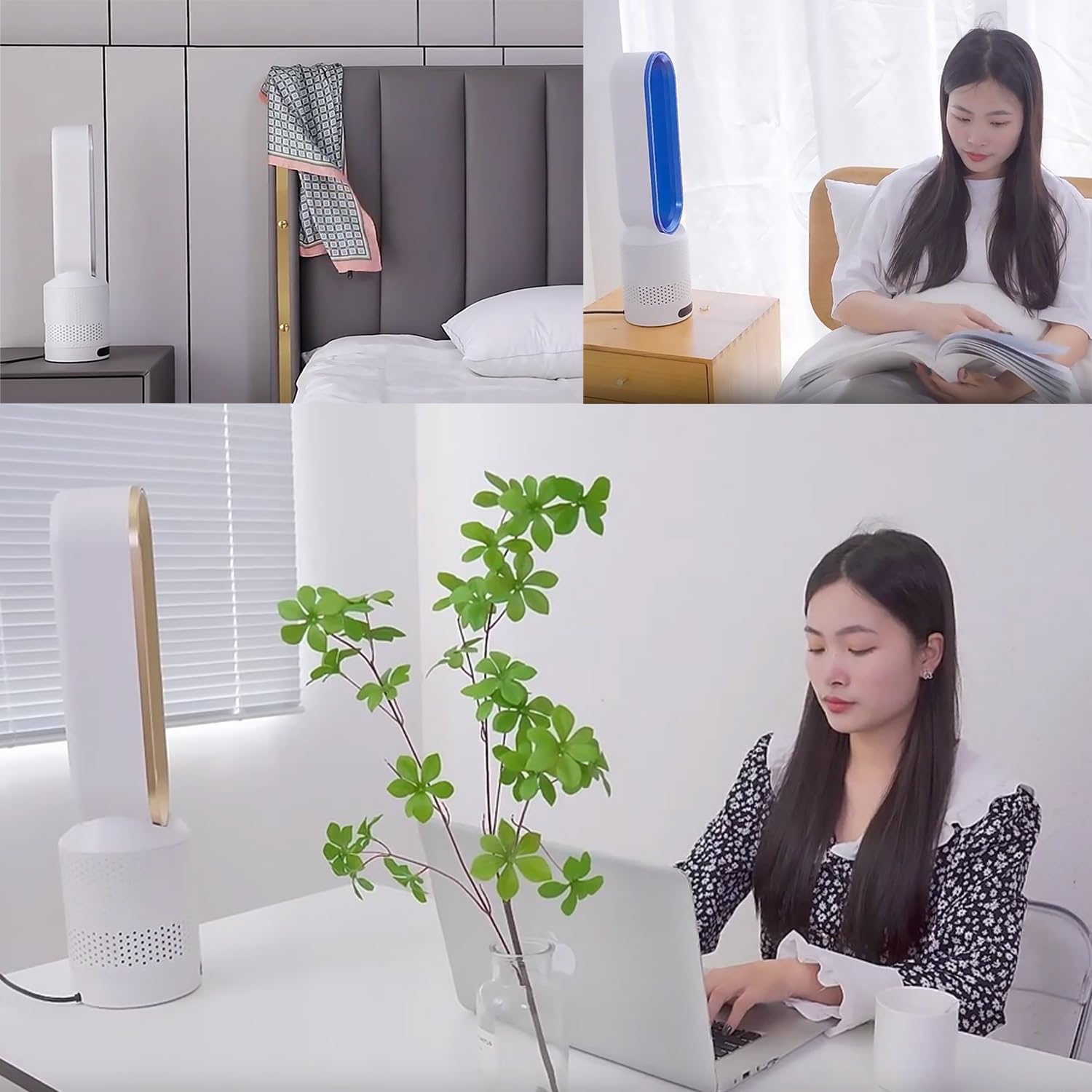 Floor Fans for Bedroom, Standing Bladeless Fan with Remote, Tower Fan Air Circulator with Remote, Low Noise Bladeless Fan for Home, Bedroom, Office; 8-Speeds, Wide-Angle Swing, Can Be Timed(Gold)