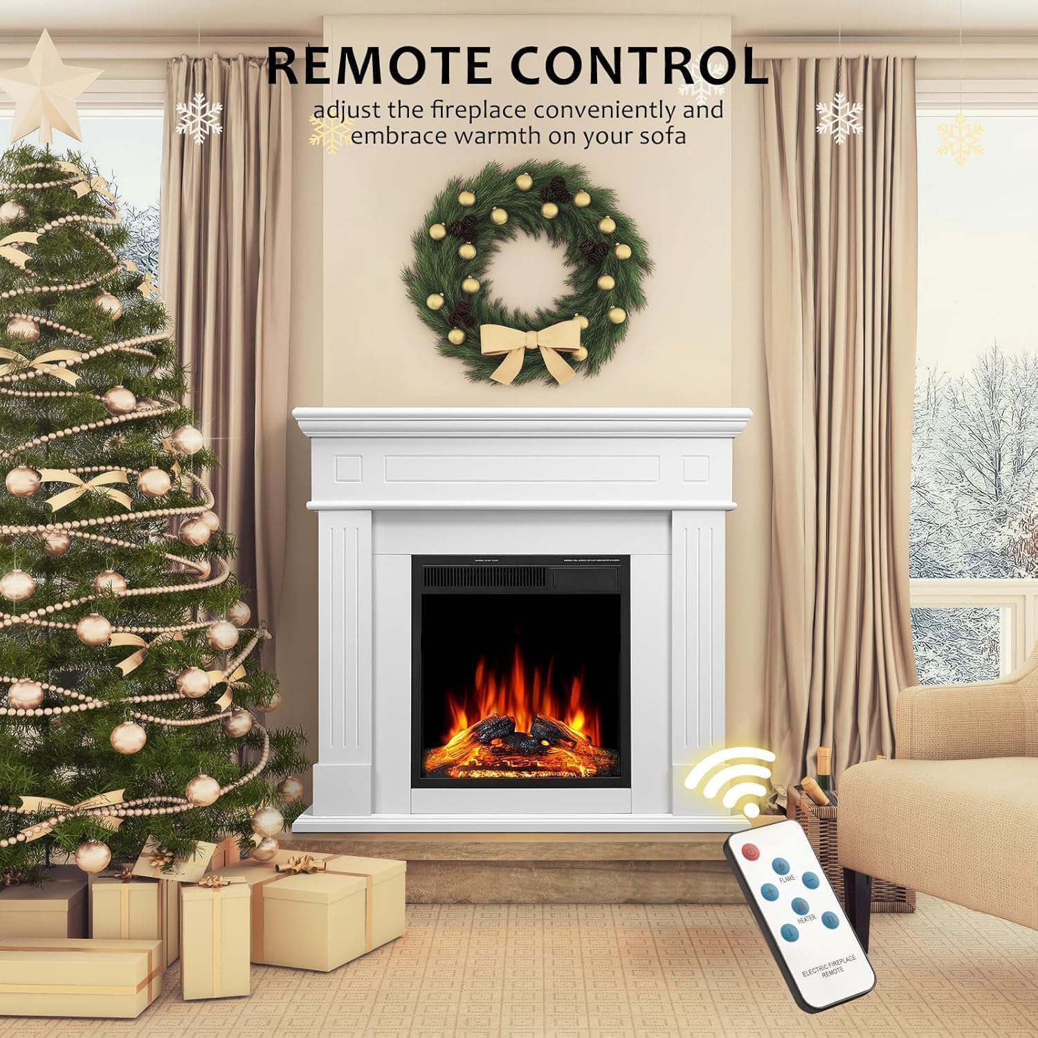 43 Inch Fireplace TV Stand with Mantel - Electric Fireplace Heater, Wooden Entertainment Center, Adjustable LED Flame, Freestanding (750W/1500W),Cream