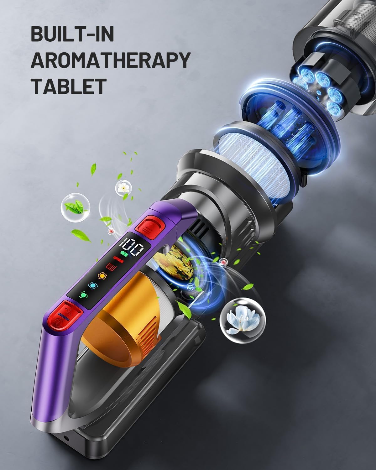 Cordless Vacuum Cleaner, 600W 50KPA 70Mins Vacuum Cleaners for Home, Self-Standing Stick Vacuum with Aromatherapy & LED Display Screen, Stick Vacuum Cordless Rechargeable for Pet Hair/Carpets (Gold)