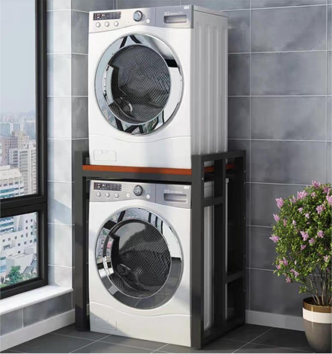 Thicked Steel Washer Dryer Stacking Rack Stand, Wooden Standing Washer Dryer Machine Rack Shelf Stackable Washing Machine Shelf Heavy Duty Space Saving for Laundry Room Bathroom