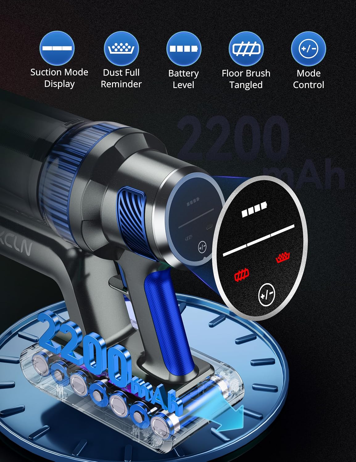 Cordless Vacuum Cleaner - 250W/30Kpa Powerful Stick Vacuum with Charging Dock, MAX 40Mins Runtime, 3 Modes, Smart LED Display, Lightweight Vacuum Cleaner for Home Pet Car- Blue