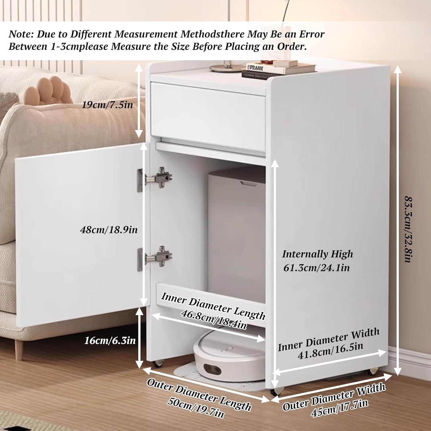 Mobile Sweeper Robot Storage Cabinet Shelf Narrow Corner Hidden Robot Vacuum Stand Storage Cabinet with Wheels Wood Freestanding Rack Space Saver for Home Office(Natural)