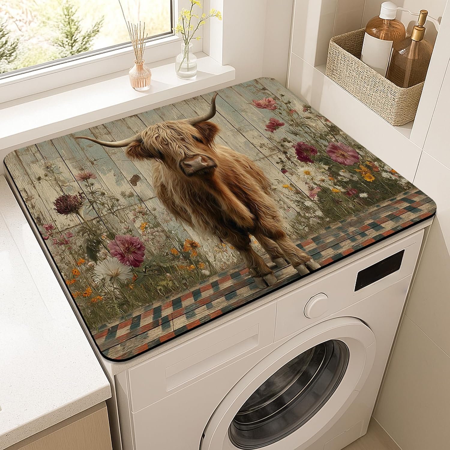 Highland Cow Washer Dryer Top Protector Mat, Vintage Rustic Floral Laundry Machine Dust Cover, Autumn Rubber Anti-slip Waterproof Mats for Home 20x24 Inch
