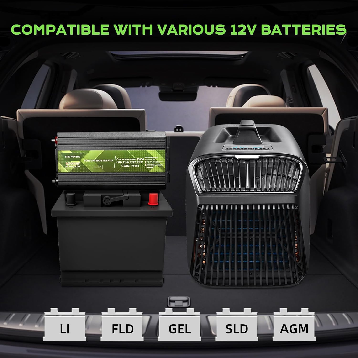 5200BTU Portable Tent Air Conditioner with 1500W Pure SINE Wave Inverter, 12V DC to 110V AC Converter w/Sockets for Cars, Trucks, Vans, and RVs. (Grey)