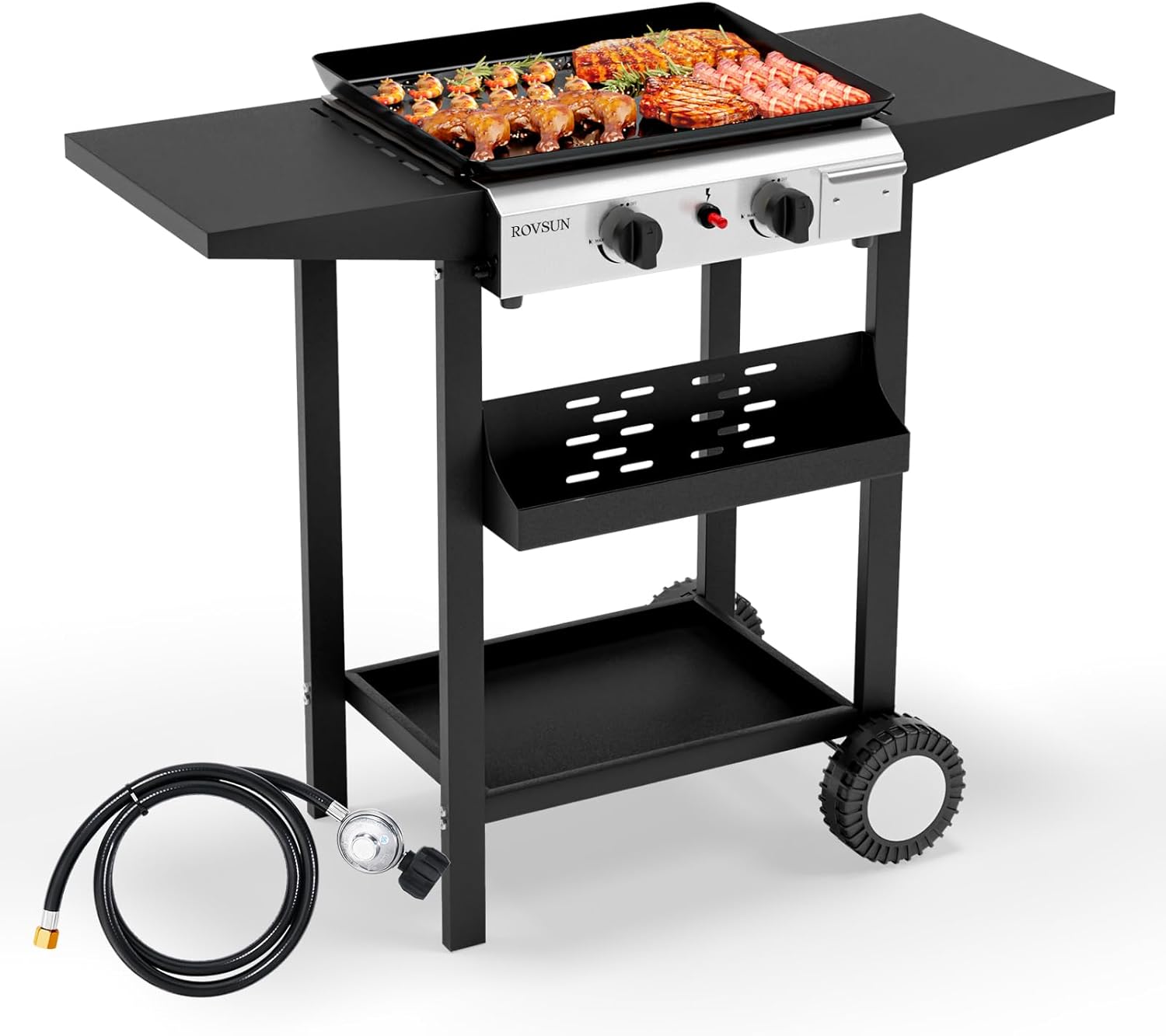 ROVSUN 2 Burner Portable Propane Griddle, 20000 BTU Gas Grill with Enameled Griddle, Flat Top Grill with Electronic Ignition, Side Shelve & Regulator, Ideal for Outdoor Patio Cooking BBQ