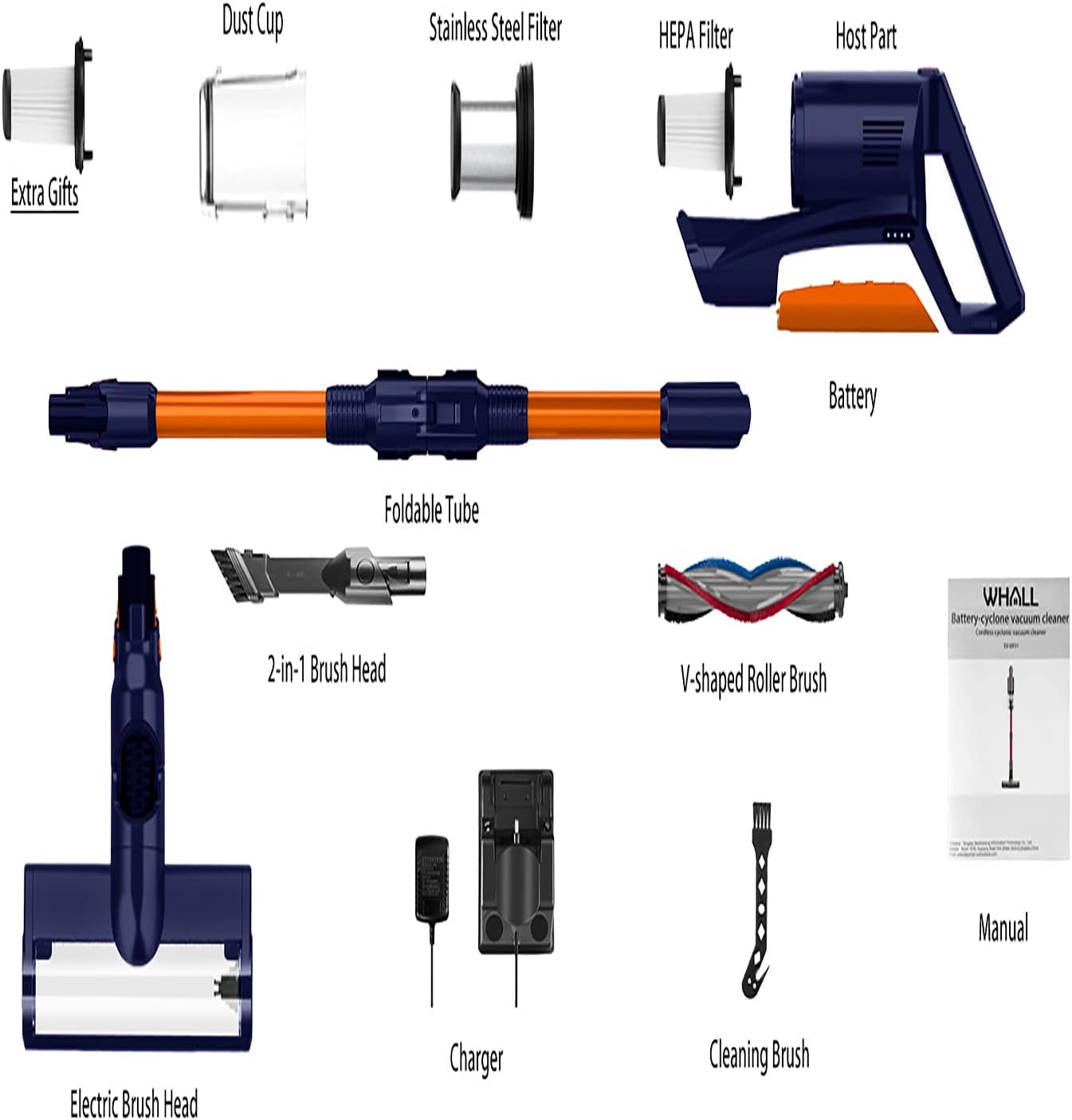 whall Cordless Vacuum Cleaner, 25kPa Suction 280W Brushless 4 in 1 Foldable Cordless Stick Vacuum Cleaner,8-Cell Battery up to 55 Mins Runtime,Lightweight Vacuum for Home Hard Floor Carpet Pets Hair