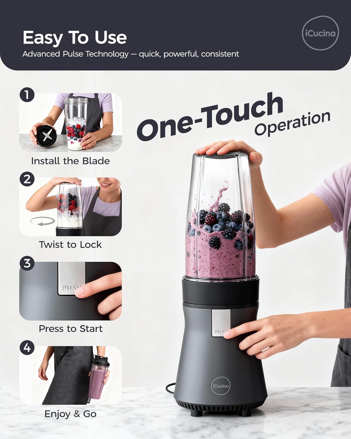 iCucina Smoothie Blender, Personal Blender for Shakes and Smoothies, 700W Pulse Technology Single Serve Blenders with 2 x 28oz Protable Cups for Ice Crush, Frozen Fruit Drinks