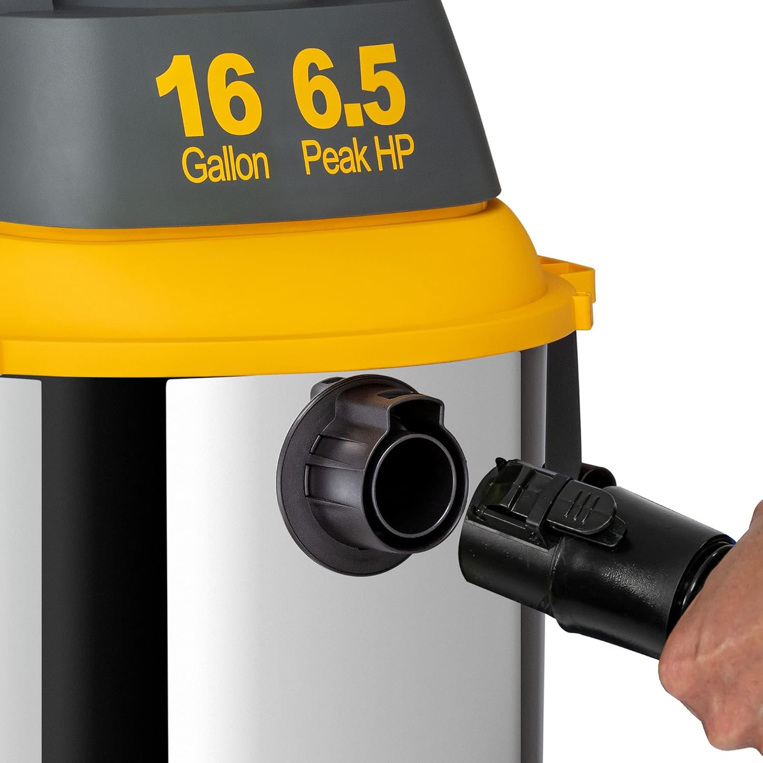 Koblenz Contractor Wet Dry Vacuum Cleaner, Stainless Steel Vacuum with Quiet Motor, 16 Gallon/6.5 HP Powerful Vacuum, Jobsite Vacuum with Pull Handle, Accessories Included, Gray+Yellow