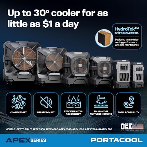 Portacool Apex 500 (PACA05001A1) – Wi-Fi Enabled High Velocity Portable Evaporative Cooler for 500 sq. ft. with up to 55-foot Reach, Oscillating Louvers, Programable, 13 Gallon Reservoir, Variable Spd