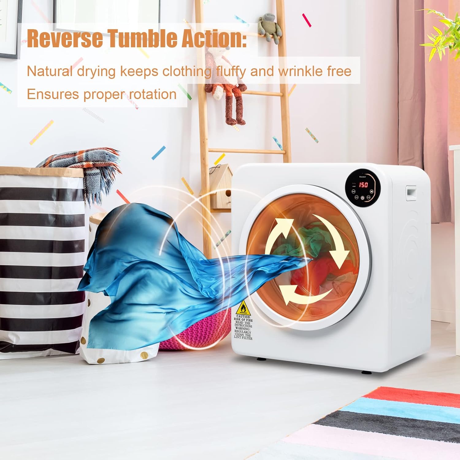 Generic 13.2Ibs 6kg White Portable Electric Compact Laundry Clothes Dryer with Stainless Steel Tub, 6kg Capacity, 1300W Power, 6 Drying Modes, LED Display, Apartment, Home, Dorm