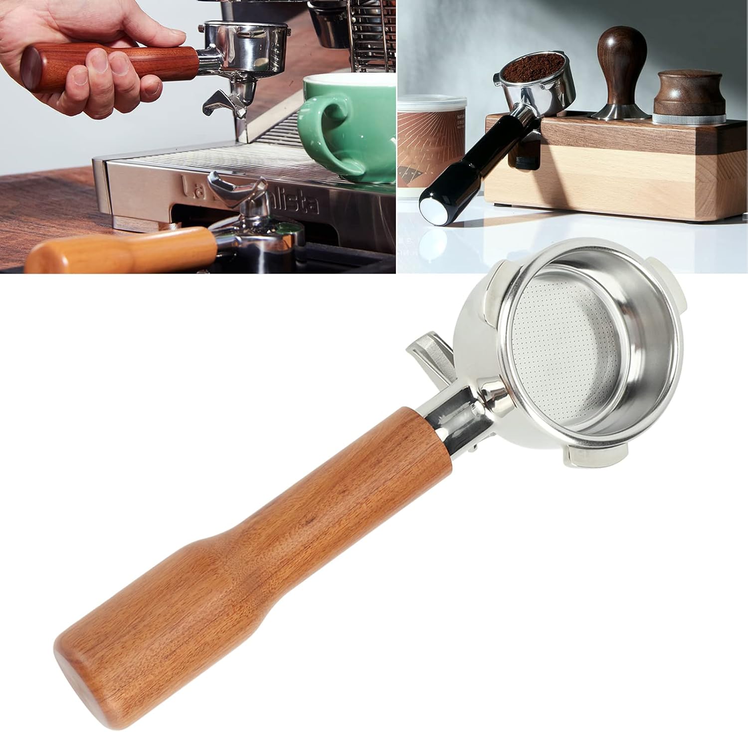Stainless Steel Coffee Portafilter, Solid Double Spouts Basket Portafilter, Exquisite Portafilter with Wood Handle for most Coffee Machines (Style 1)