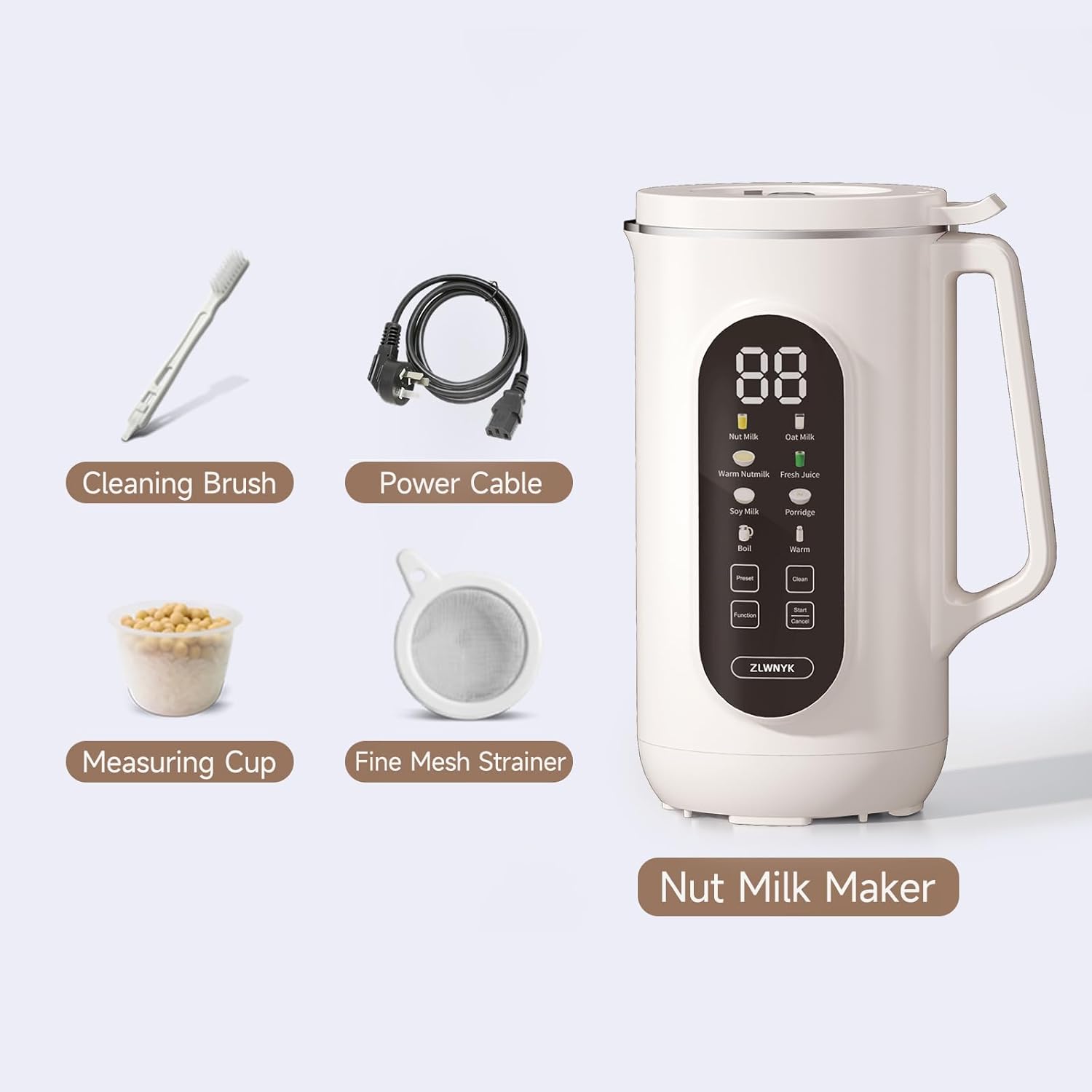 ZLWNYK 8 in 1 Nut Milk Blender, 34 oz homemade almond, oat, soy, coconut, plant-based milk, and non dairy beverages, with a 12 hour timer/self-cleaning/warming/hot water function
