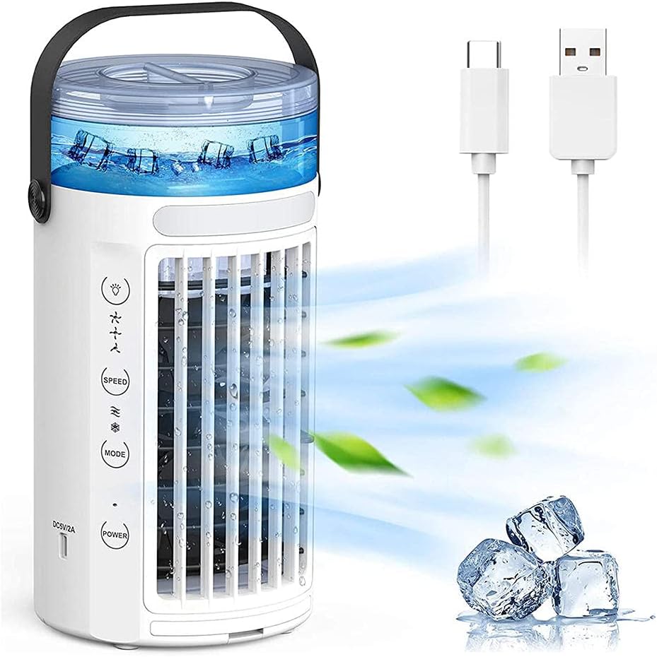 Portable Air Conditioner Fan, Mini Evaporative Air Cooler Super Quiet Desk Air Cooling Fan with Handle, 7 Colors LED Light Humidifier-White