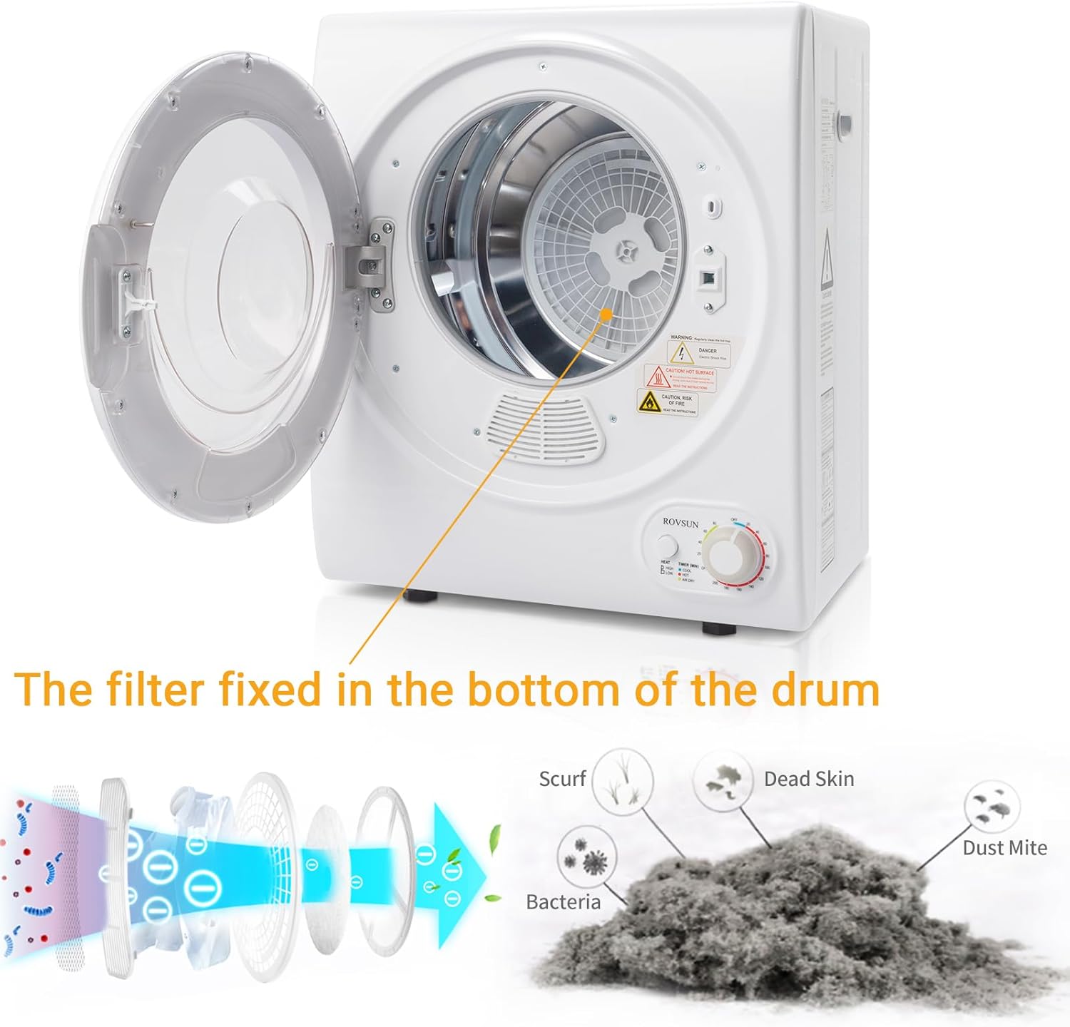 Bonnlo Portable Clothes Dryer, Front Load Electric Dryers Machine, Compact Laundry Dryers with Stainless Steel Tub, for Home, Apartment, Dorm, White (Classic Knob Control)