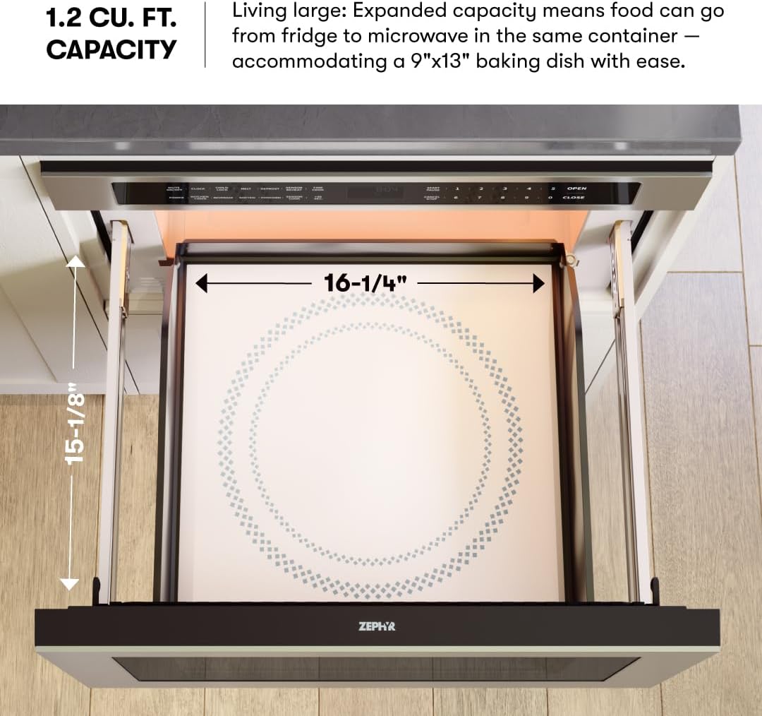 Zephyr 30 inch Built In Drawer Microwave Oven Under Cabinet - Integrated, Wall Mount, Under Counter Pull Out Microwave Drawer 1.2 cu ft, Preset Cooking Options, Easy Clean Coating, 1000W