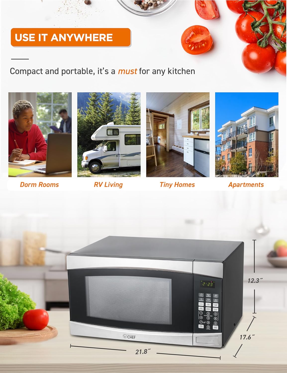 COMMERCIAL CHEF 1.4 Cubic Foot Microwave with 10 Power Levels, Small Microwave with Push Button, 1100 Watt Microwave with Digital Control Panels, Countertop Microwave with Timer, Stainless Steel