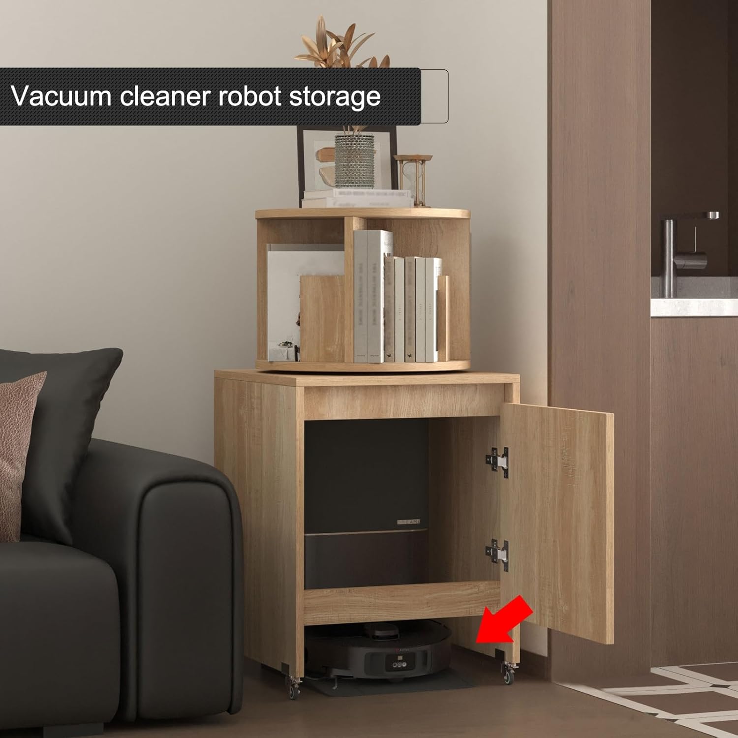 Robot Vacuum Storage Cabinet with Wheels, Mobile Vacuum Hidden Cabinet, Multi-Function Rotating Bookshelf, for Living Room Home Office Kitchen(Yellow,50 * 50 * 131.5cm)