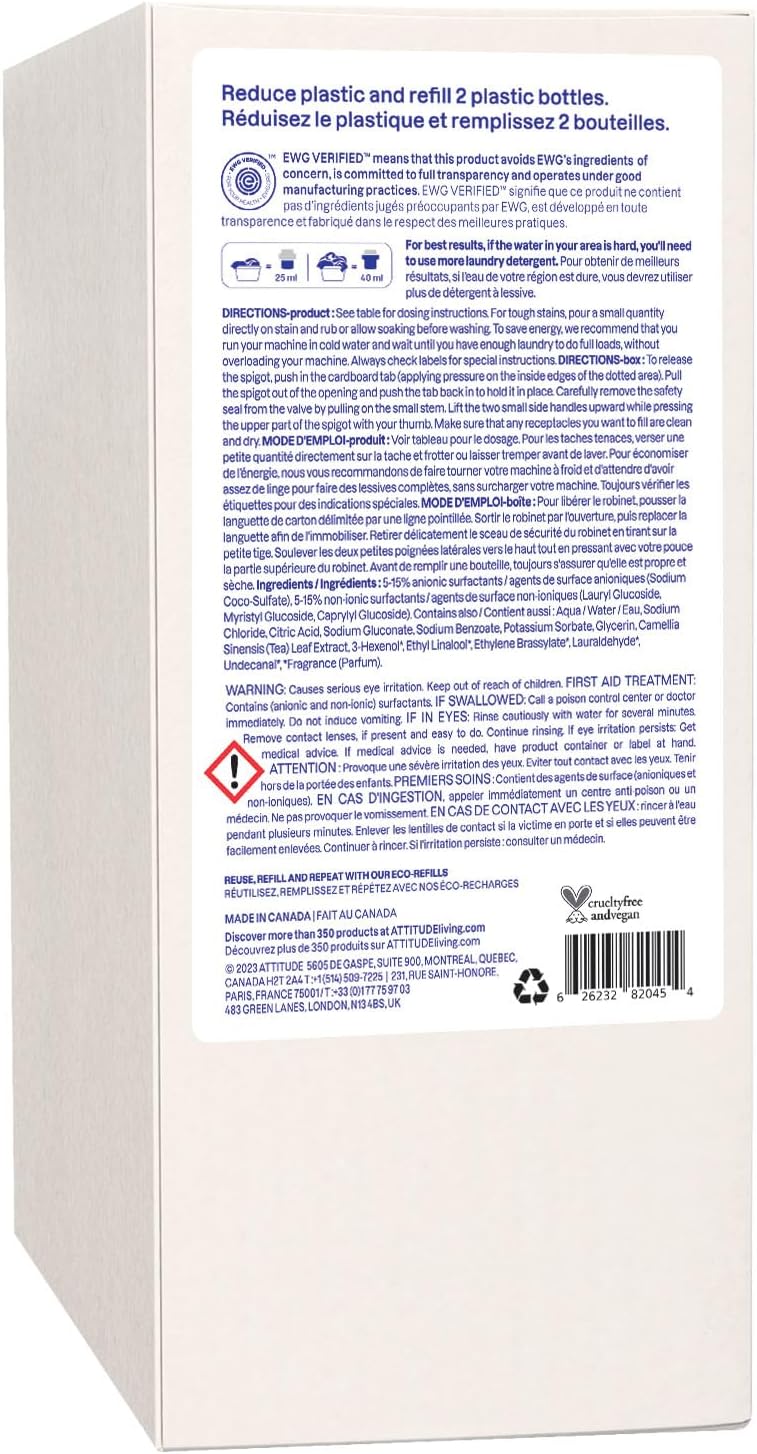 ATTITUDE Liquid Laundry Detergent Refill, EWG Verified, HE Compatible, Plant-Based & Vegan, Natural Laundry Soap, Mountain Fresh Scent, 80 Loads, 67.6 Fl Oz (Pack of 4)
