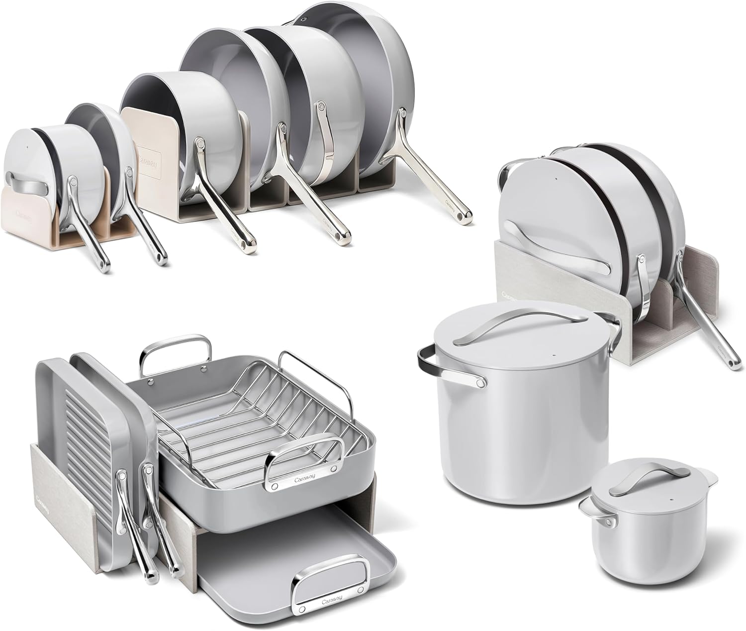 Caraway 31-Piece Ceramic Cookware Bundle - Fry Pans, Saucepans, Sauté Pan, Dutch Oven, Petite Cooker, Stir Fry, Rondeau, Stock Pot, Grill & Griddle Pans, Roasting Pan, Racks, Organizers - Gray