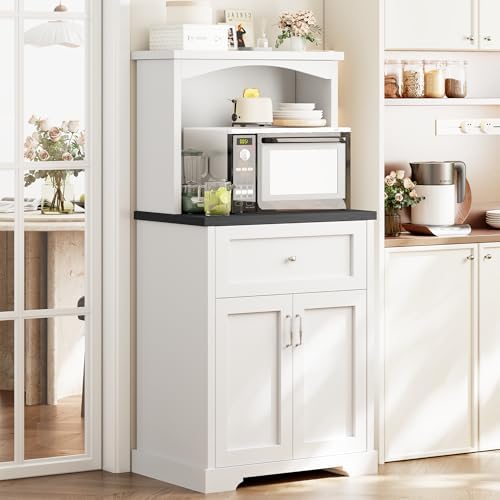 Microwave Stand with Storage and Drawer, Kitchen Pantry Storage Cabinet with Charging Station, Buffet Coffee Bar Cabinet with Adjustable Shelves, Kitchen Hutch Microwave Table for Dining Room
