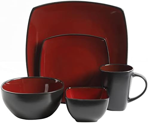 Gibson Elite Soho Lounge Square Reactive Glaze Stoneware Dinnerware Set, Service for 8 (40pc), Red/Black