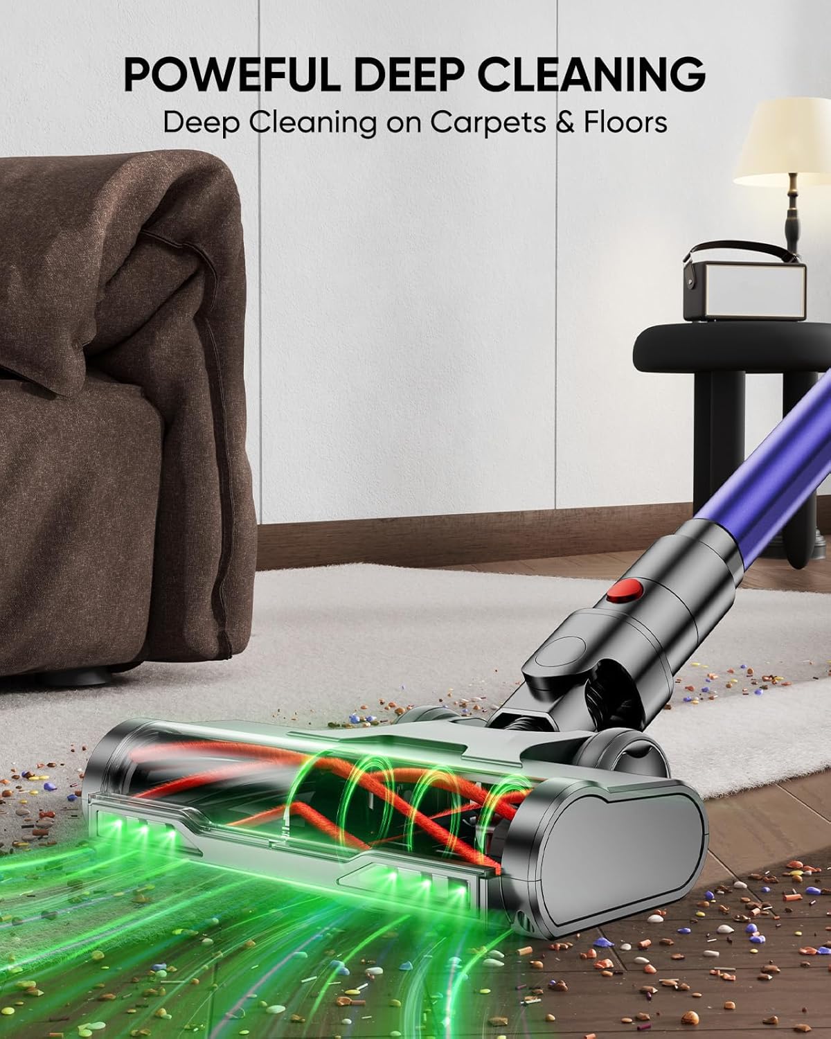 Cordless Vacuum Cleaner, 650W 55KPA 70Mins Vacuum Cleaners for Home, Stick Vacuum with 1.8L Cup, Anti-Tangle, 8-Stage Filter System, Green Light for Pet Hair, Carpet, Floor