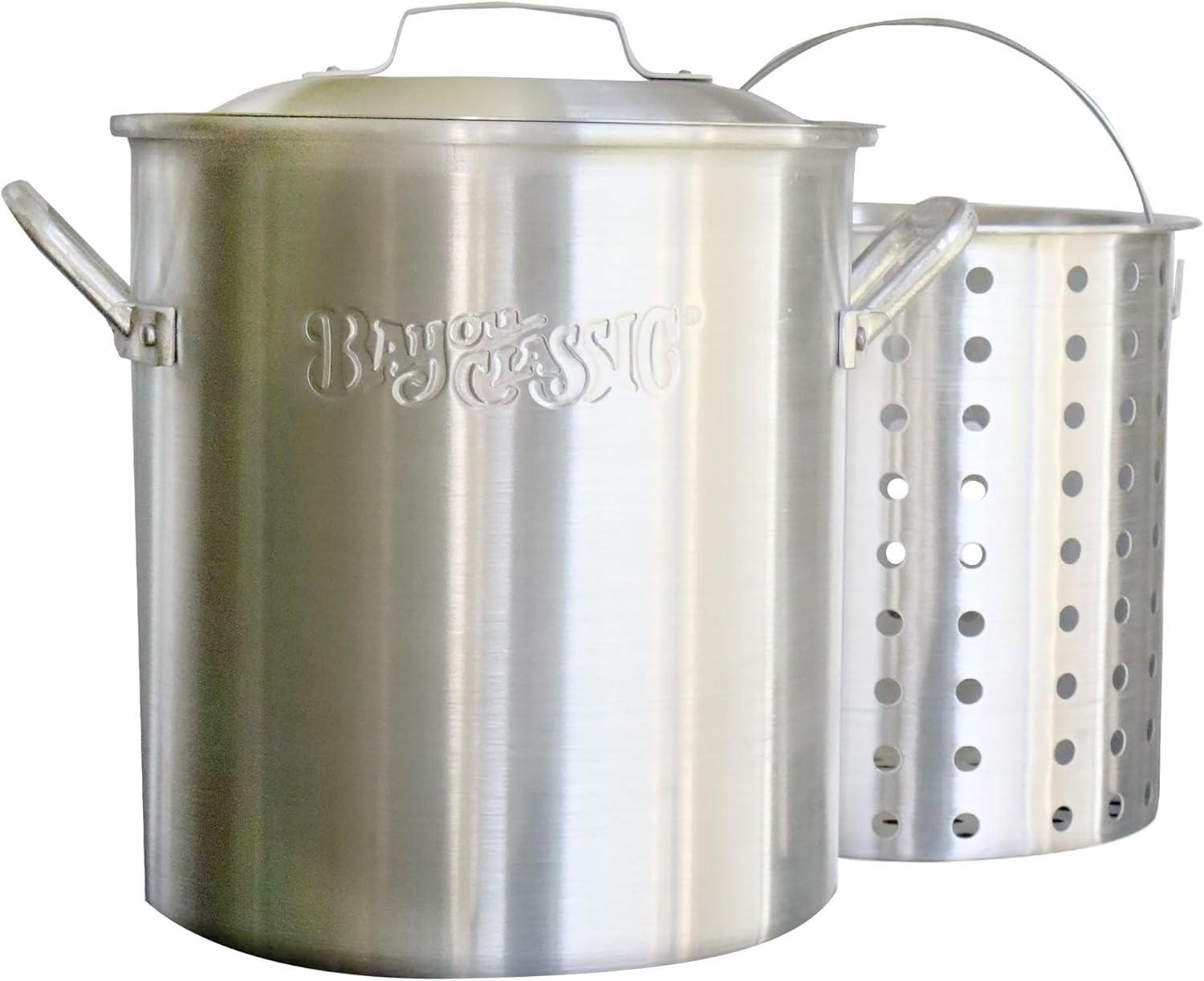 Bayou Classic 4325 25-qt Aluminum Shrimp Pot Features Perforated Aluminum Basket Domed Vented Lid Heavy Riveted Handles Perfect For a Classic Shrimp Boil
